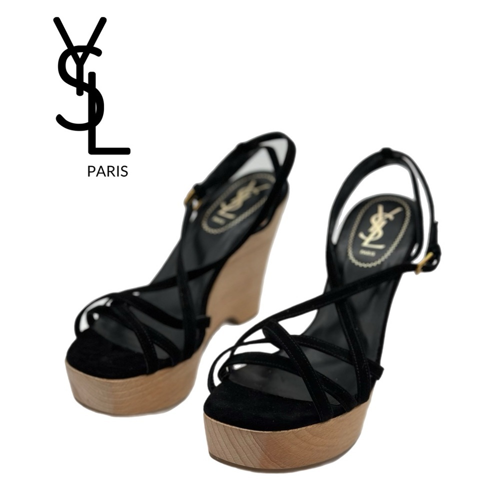 YSL Paris Black Suede Crisscross Wooden Wedge Sandals - Size 39.5